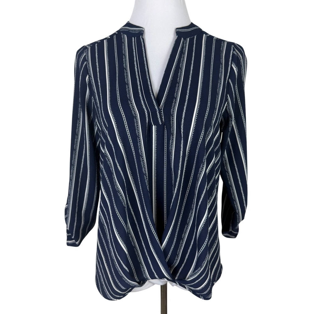 Lynn Ryan Women's Medium Navy Blue White Striped Roll Tab Sleeve Blouse